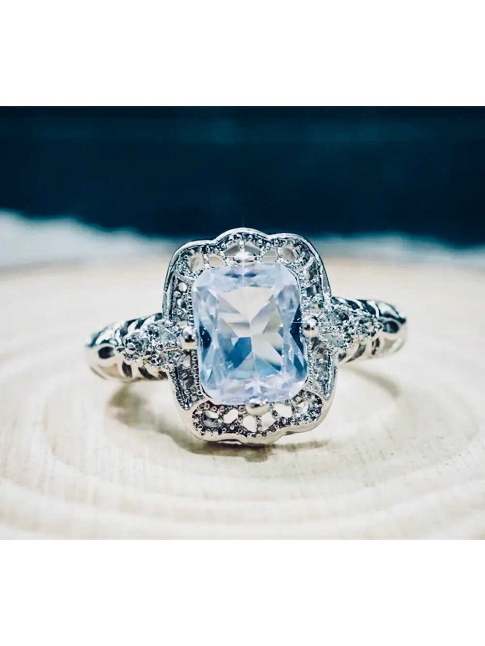 New - Vintage Square Halo Ring w/White Cubic Zirconia - Size 7 - Boho Style